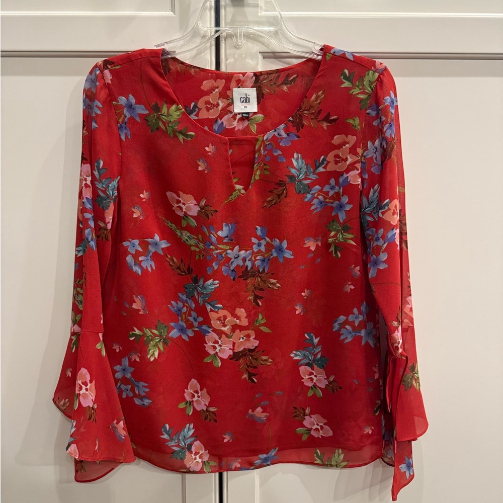 CAbi Red Floral Keyhole Blouse